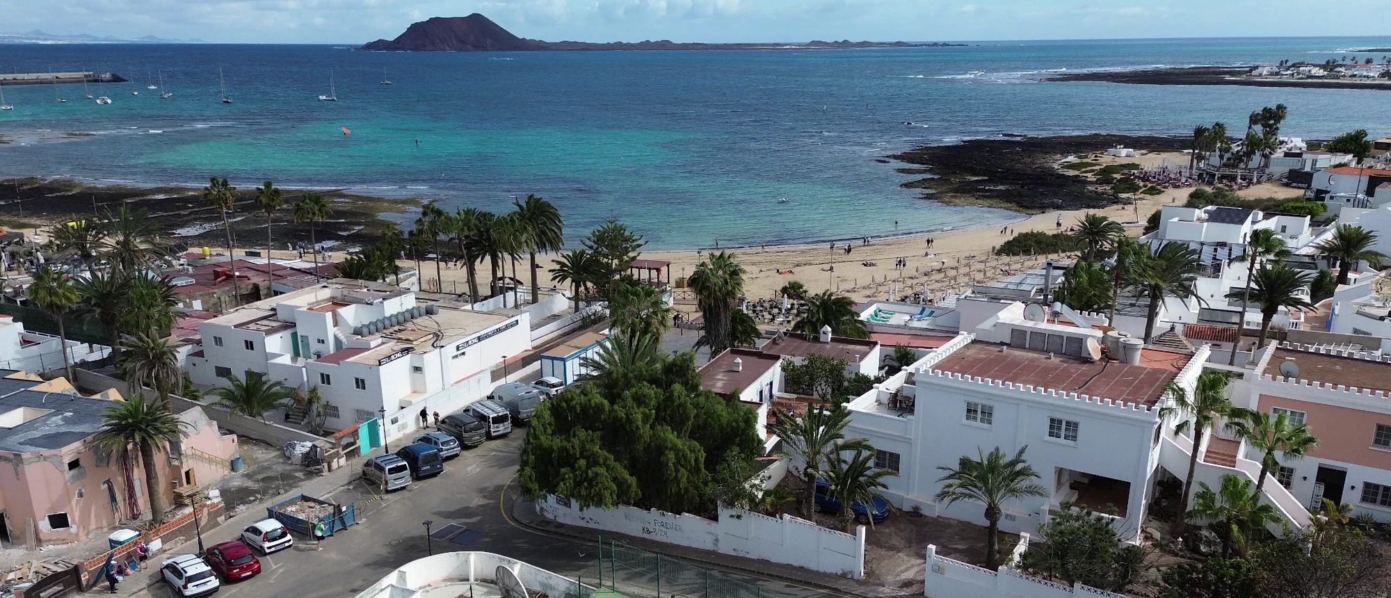 Corralejo bay with Isla de Lobos on the horizon — the real place where everything happens