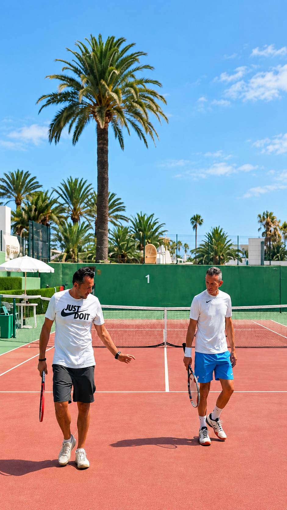 Edoardo Pozzi and Francesco De Lorenzo walking on court at Tennis Corralejo